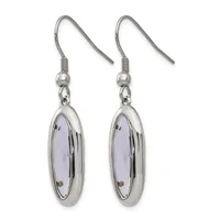 Pair of silver-toned dangle earrings with oval lavender-colored stone pendants and hook-style ear wires.