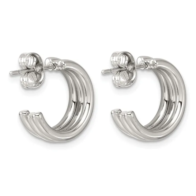 A pair of polished silver-toned hoop earrings with triple parallel curved bands and matching stud backs displayed against a white background.