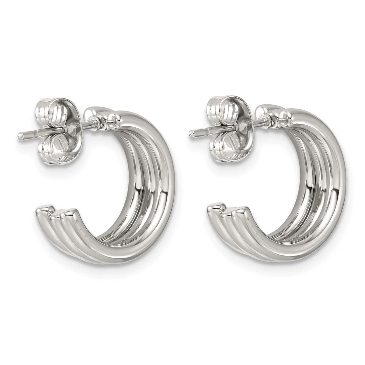 A pair of polished silver-toned hoop earrings with triple parallel curved bands and matching stud backs displayed against a white background.