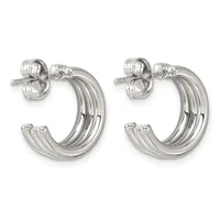 A pair of polished silver-toned hoop earrings with triple parallel curved bands and matching stud backs displayed against a white background.