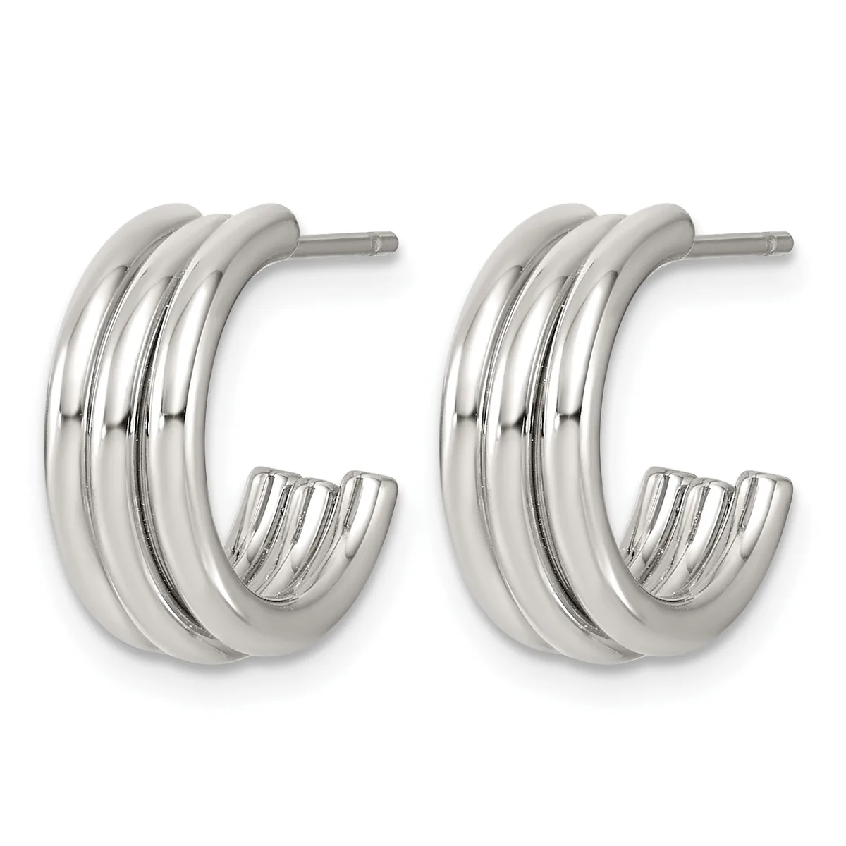 Pair of polished silver-toned chunky triple-band hoop earrings with post and clutch backs, shown from the front.