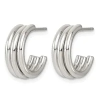 Pair of polished silver-toned chunky triple-band hoop earrings with post and clutch backs, shown from the front.