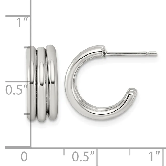 Pair of polished silver-toned hoop earrings with triple-band detailing, shown with measurement scale indicating approximately one inch in diameter.