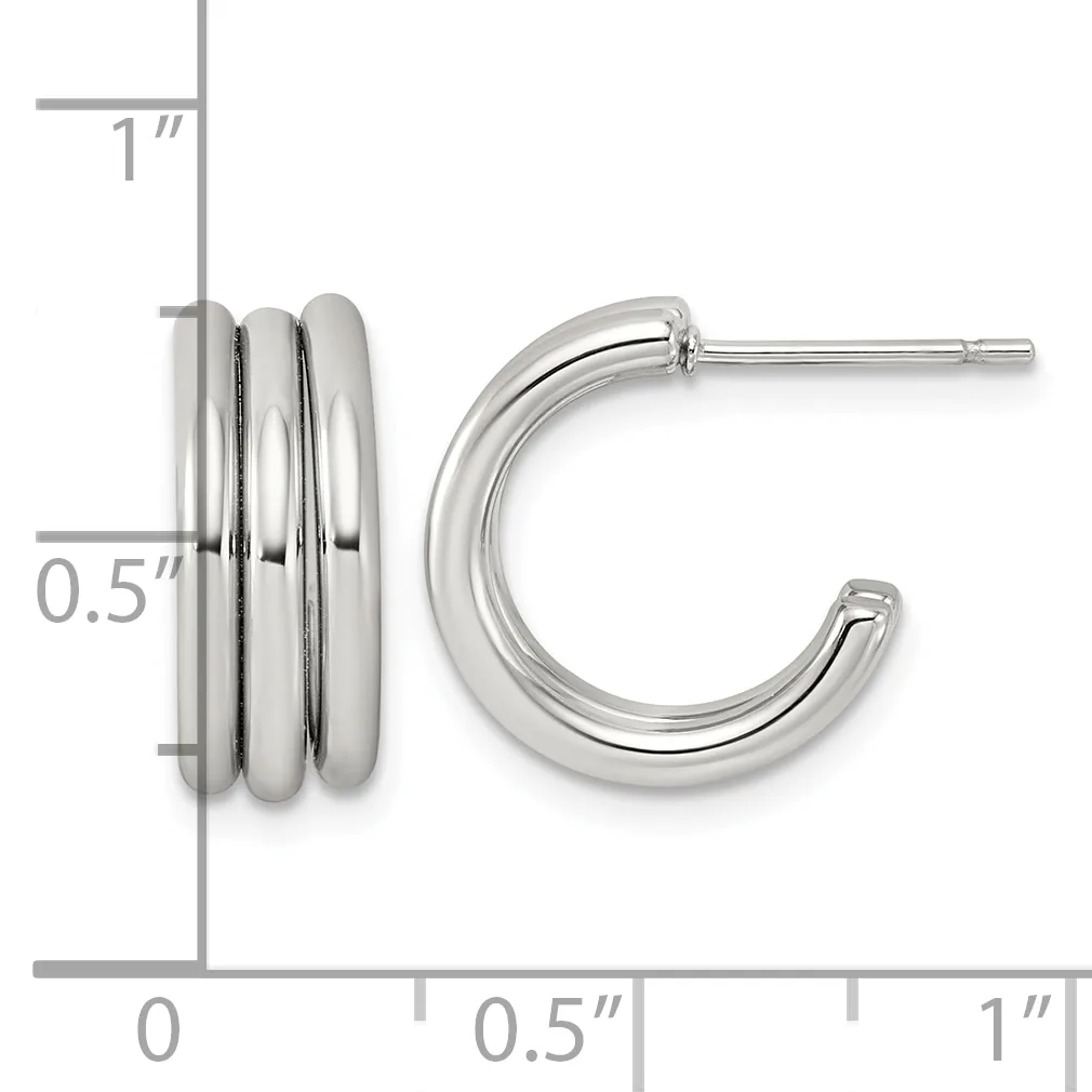 Pair of polished silver-toned hoop earrings with triple-band detailing, shown with measurement scale indicating approximately one inch in diameter.
