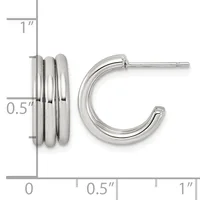 Pair of polished silver-toned hoop earrings with triple-band detailing, shown with measurement scale indicating approximately one inch in diameter.