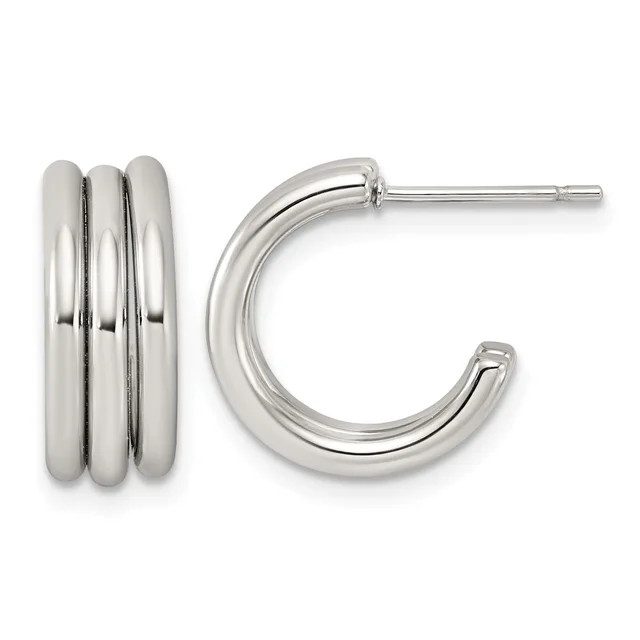 A pair of polished silver hoop earrings with triple grooved bands, shown from front and side views.