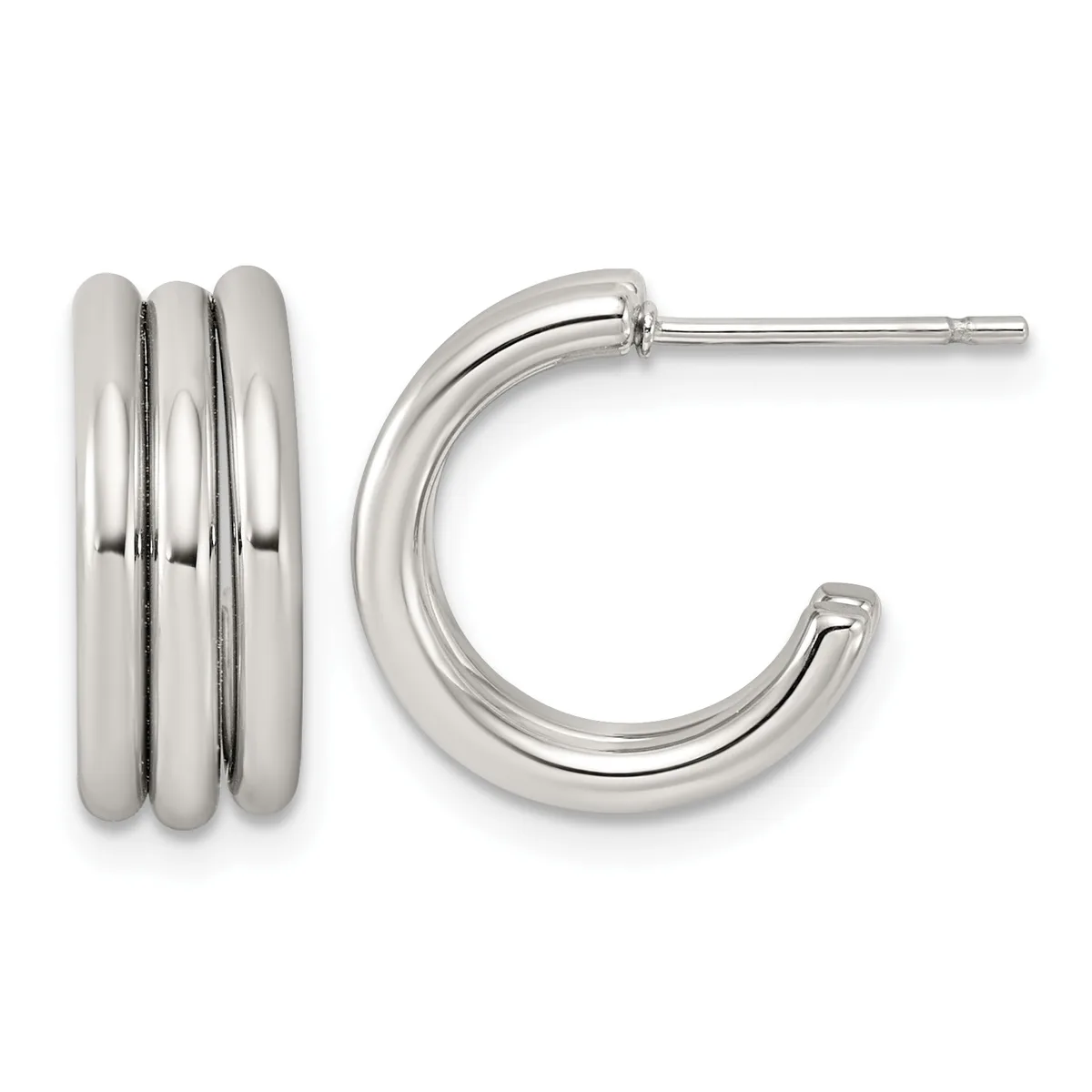 A pair of polished silver hoop earrings with triple grooved bands, shown from front and side views.