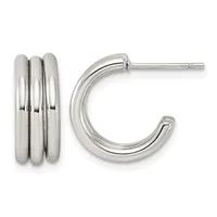 A pair of polished silver hoop earrings with triple grooved bands, shown from front and side views.