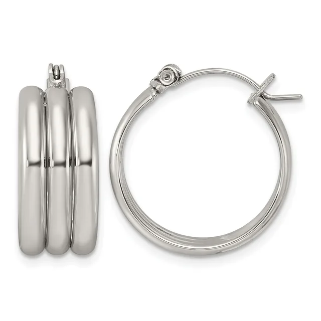A pair of polished silver-toned hoop earrings with triple barrel design shown from front and side views with a hinged post closure.