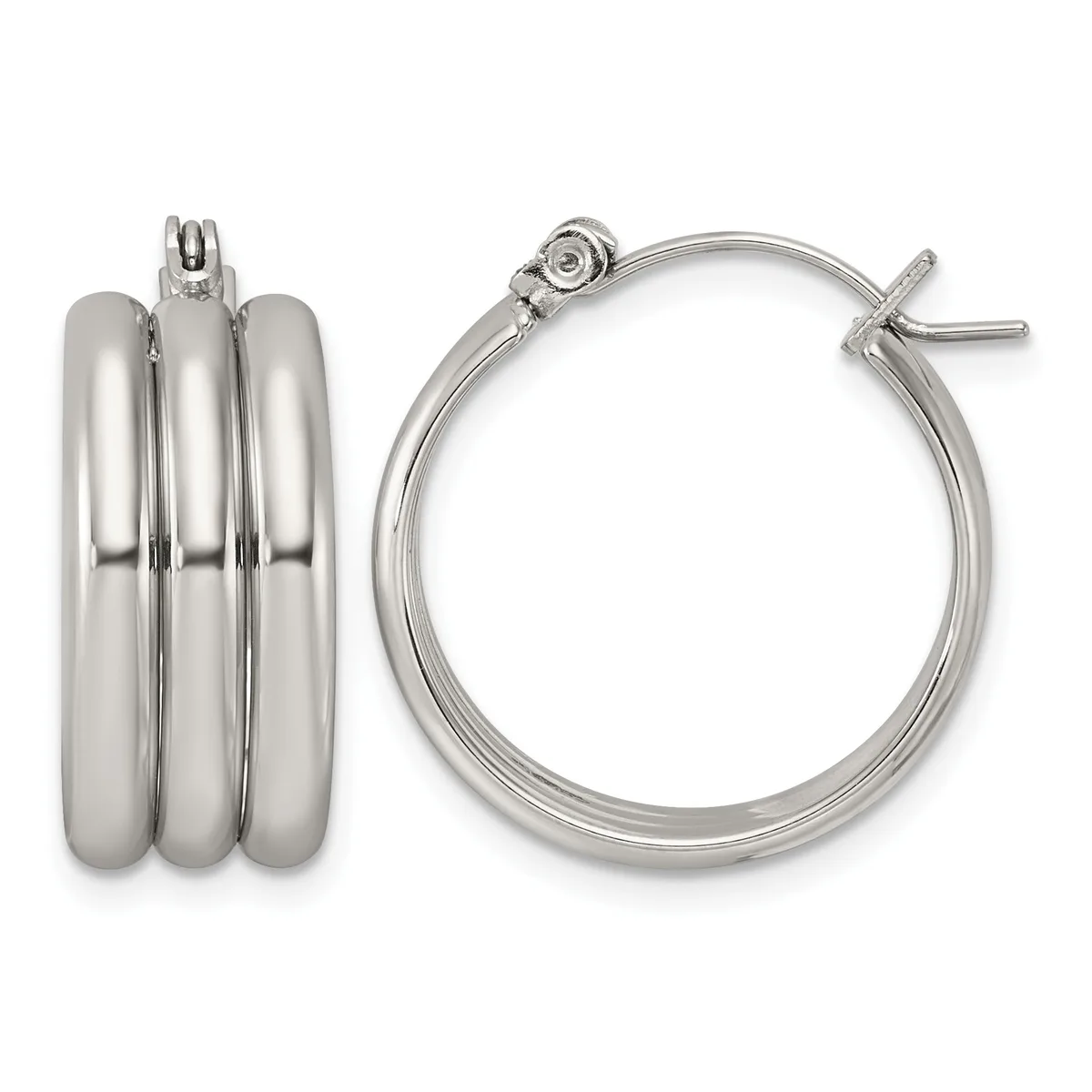 A pair of polished silver-toned hoop earrings with triple barrel design shown from front and side views with a hinged post closure.