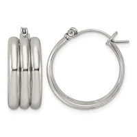 A pair of polished silver-toned hoop earrings with triple barrel design shown from front and side views with a hinged post closure.