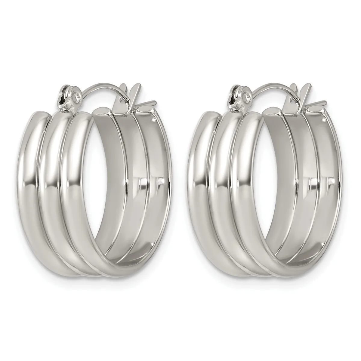 A pair of polished silver-toned triple-band hoop earrings with hinged closures, displayed against a white background.