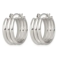 A pair of polished silver-toned triple-band hoop earrings with hinged closures, displayed against a white background.