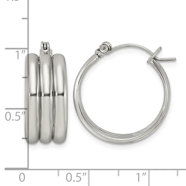 Pair of polished silver-toned triple-band hoop earrings with toggle closures, shown next to a measurement ruler indicating approximately one inch in diameter.