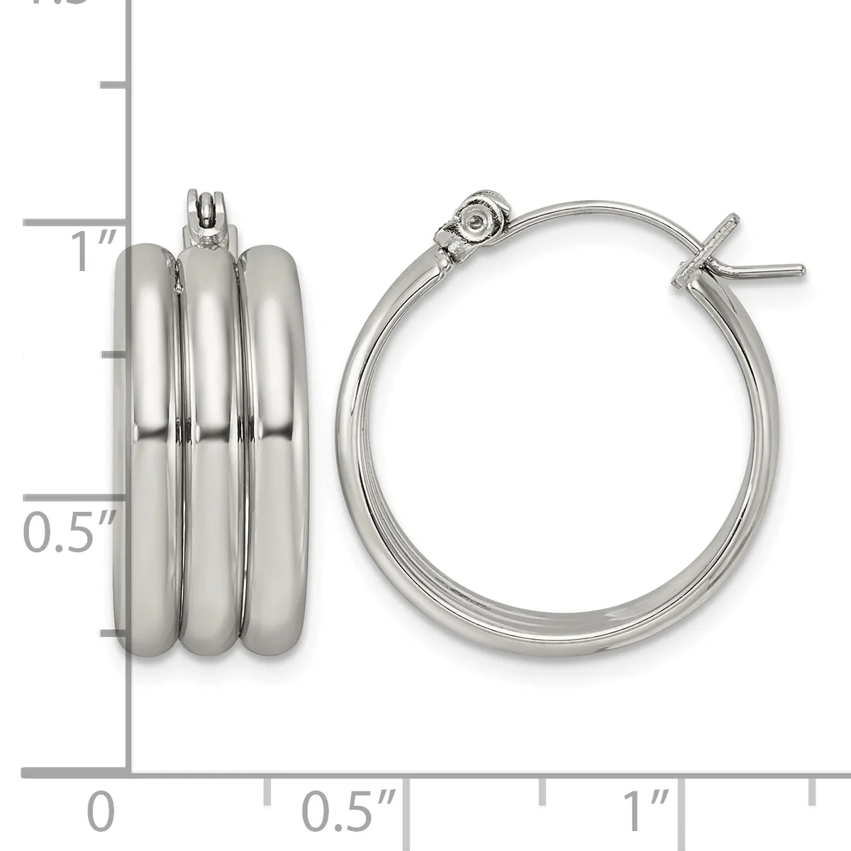 Pair of polished silver-toned triple-band hoop earrings with toggle closures, shown next to a measurement ruler indicating approximately one inch in diameter.