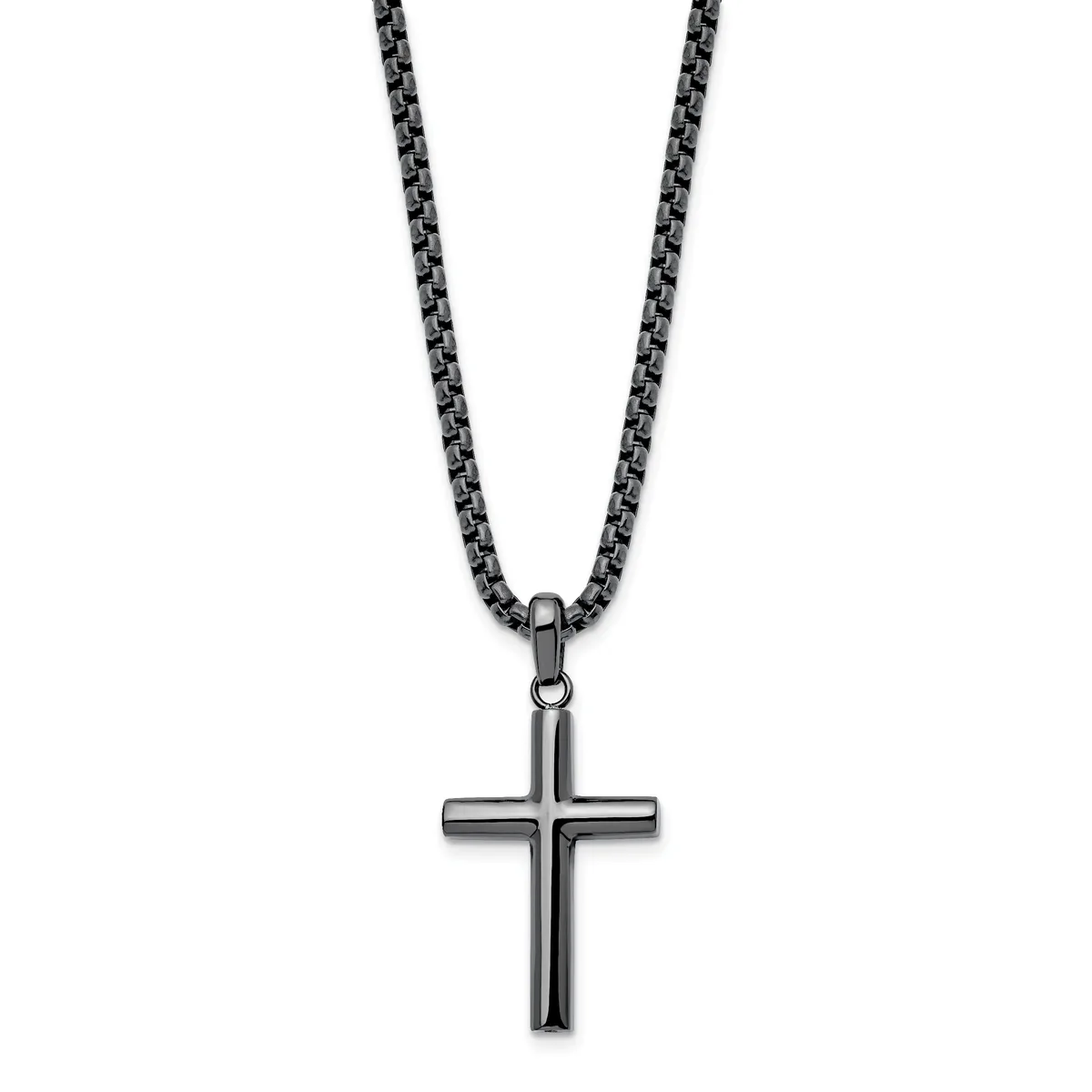 A gunmetal gray cross pendant hanging from a matching box chain necklace against a white background.