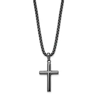 A gunmetal gray cross pendant hanging from a matching box chain necklace against a white background.