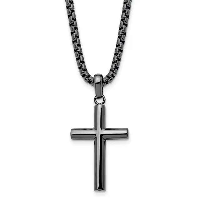 A polished black cross pendant hangs from a matching black box chain necklace against a white background.