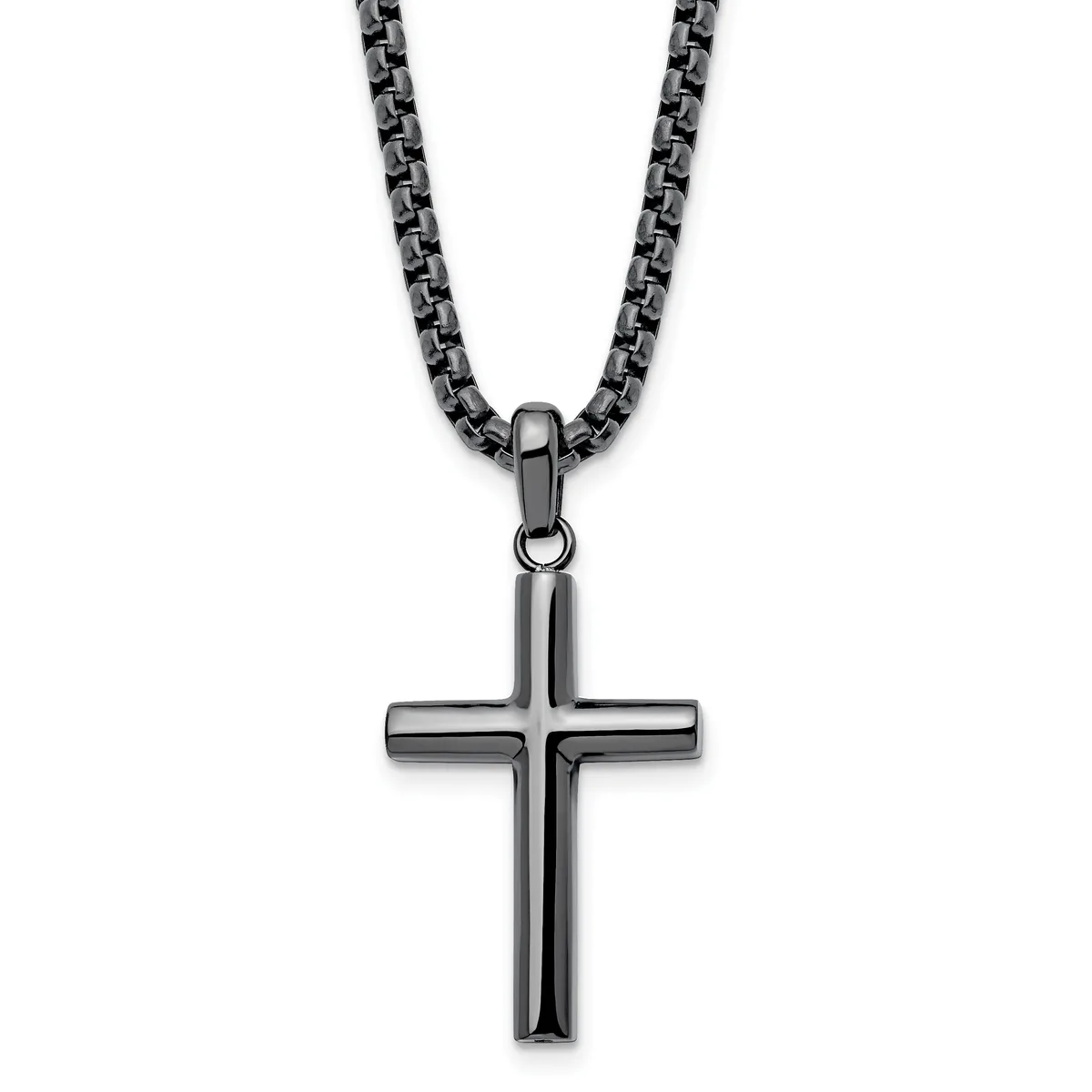 A polished black cross pendant hangs from a matching black box chain necklace against a white background.