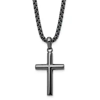 A polished black cross pendant hangs from a matching black box chain necklace against a white background.