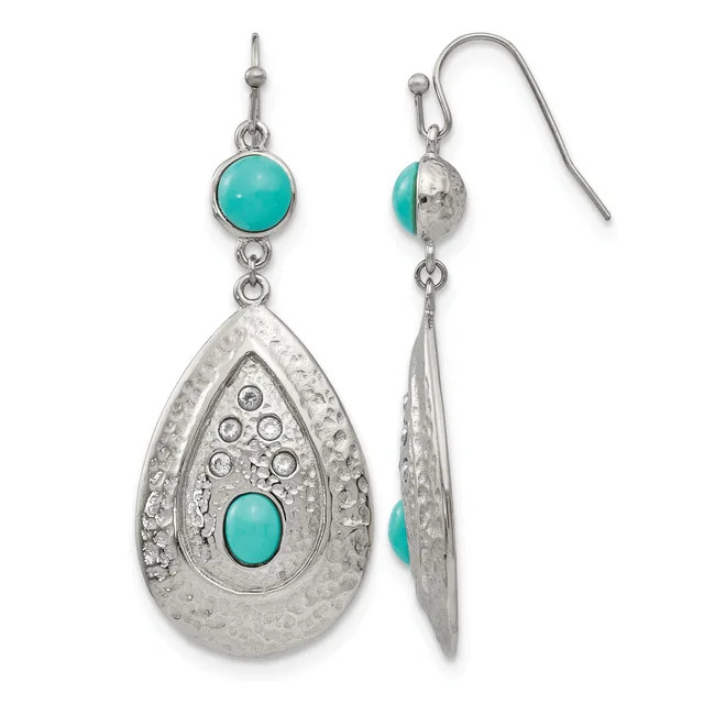 A pair of silver dangle earrings with turquoise stones, featuring round turquoise tops and ornate teardrop-shaped silver pendants with turquoise cabochons, shown from front and back views.