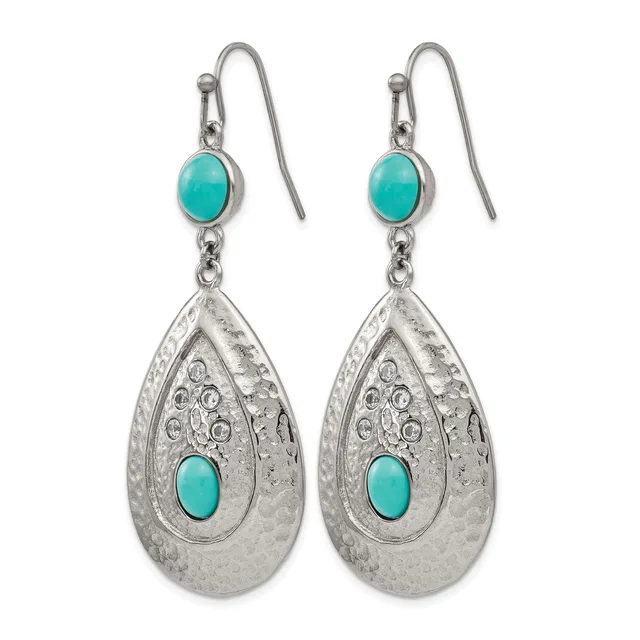 Pair of silver teardrop earrings with turquoise cabochon stones and decorative filigree detailing, suspended from wire hooks.