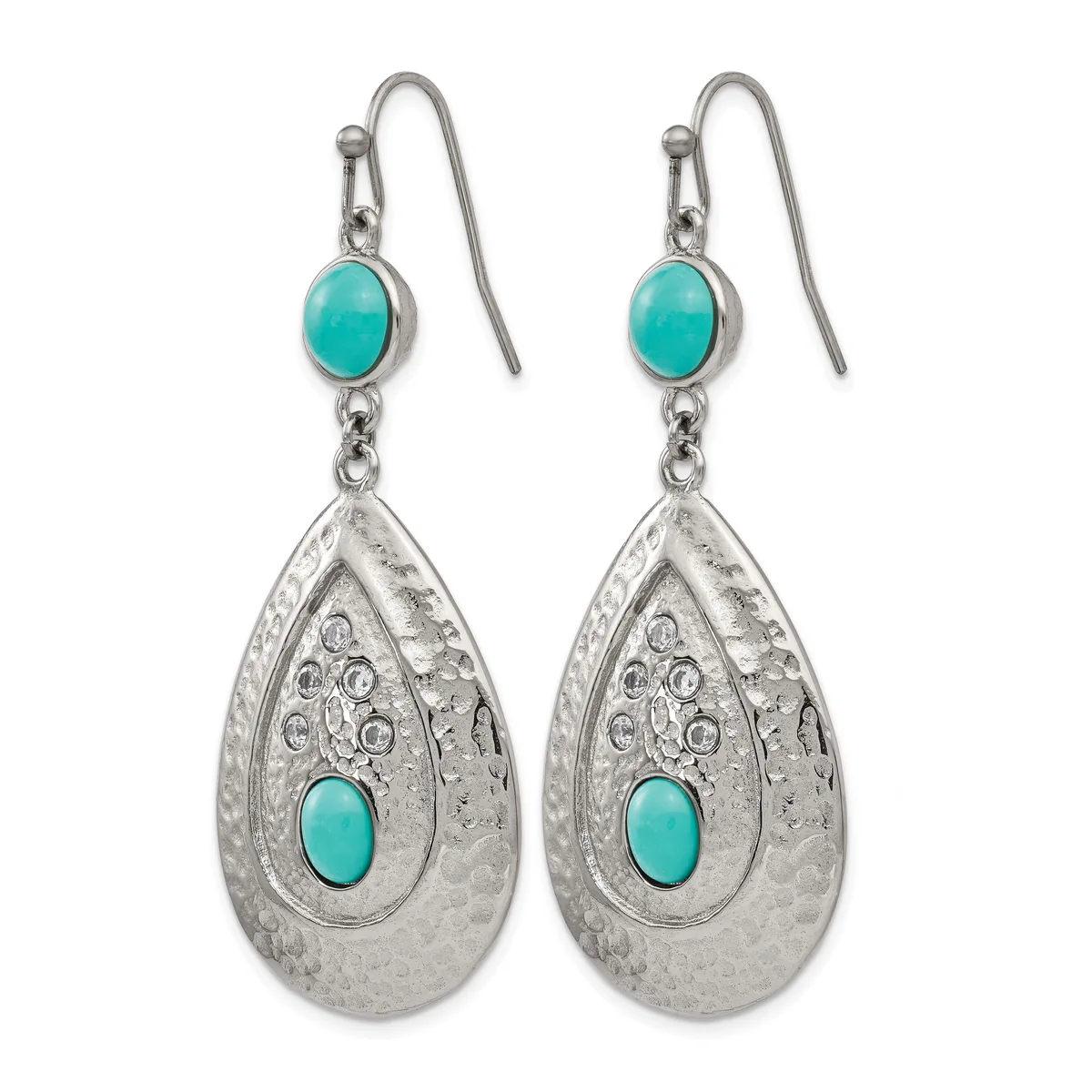 Pair of silver teardrop earrings with turquoise cabochon stones and decorative filigree detailing, suspended from wire hooks.