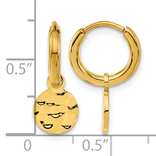 Gold-toned hoop earrings with a detachable round charm featuring smiling face designs, shown next to a measurement scale.