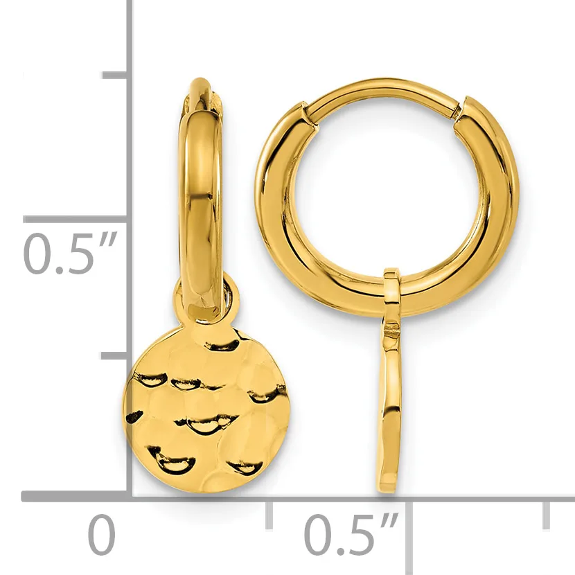 Gold-toned hoop earrings with a detachable round charm featuring smiling face designs, shown next to a measurement scale.