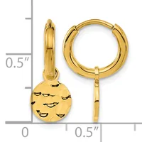 Gold-toned hoop earrings with a detachable round charm featuring smiling face designs, shown next to a measurement scale.