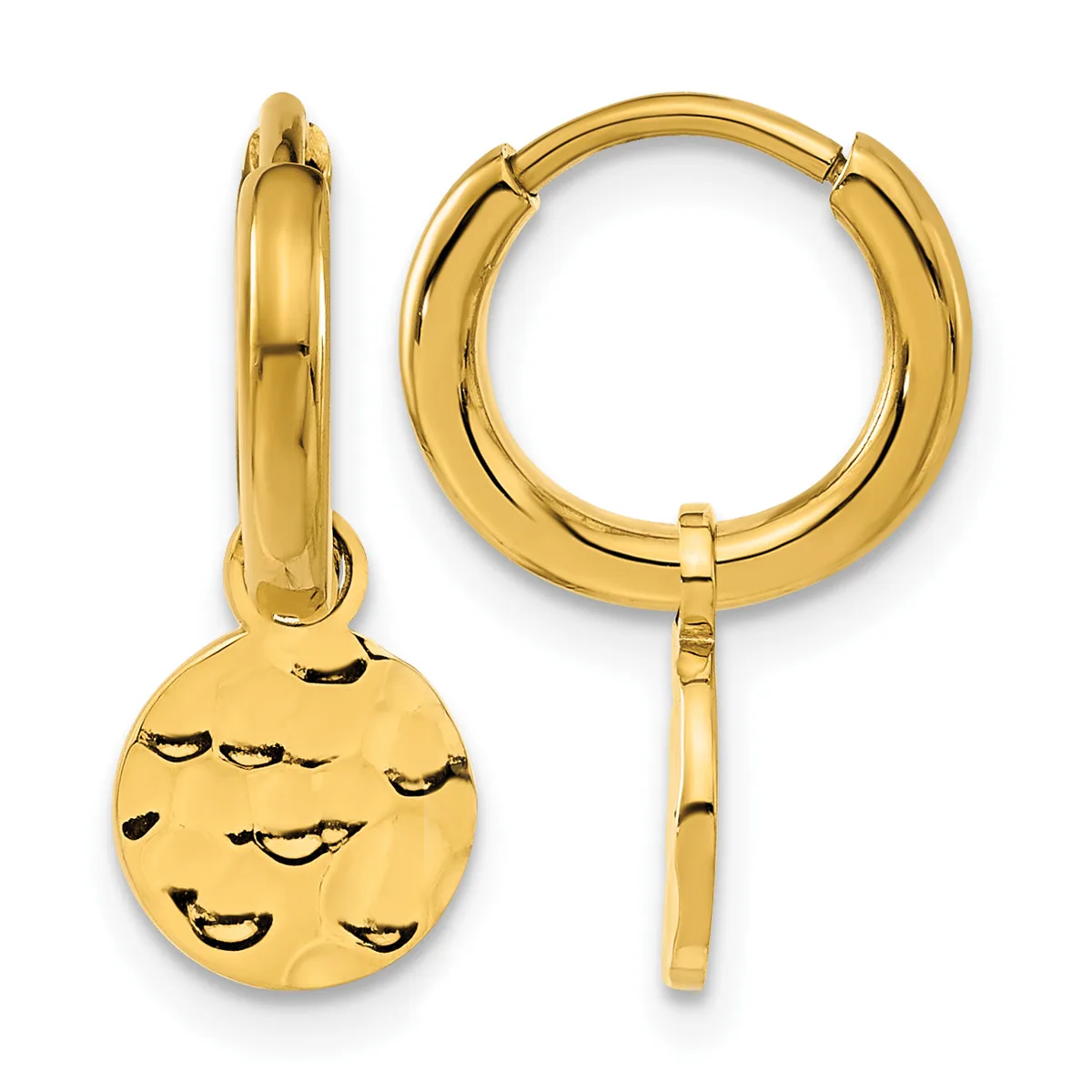 A pair of gold-colored hoop earrings with a detachable circular charm decorated with smiling face designs.