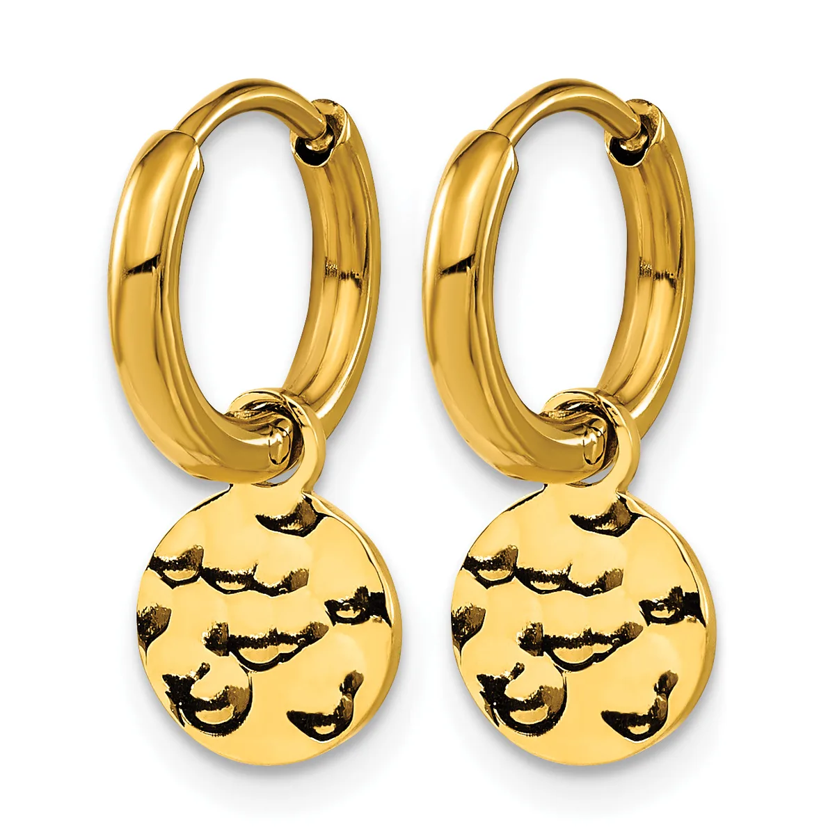 A pair of gold hoop earrings with dangling circular charms stamped with smiling face designs.