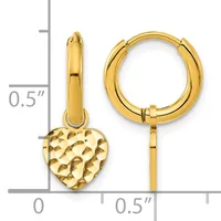 Gold-toned hoop earrings with detachable textured heart charms, shown with measurement scale indicating approximately 0.5 inch diameter hoops.