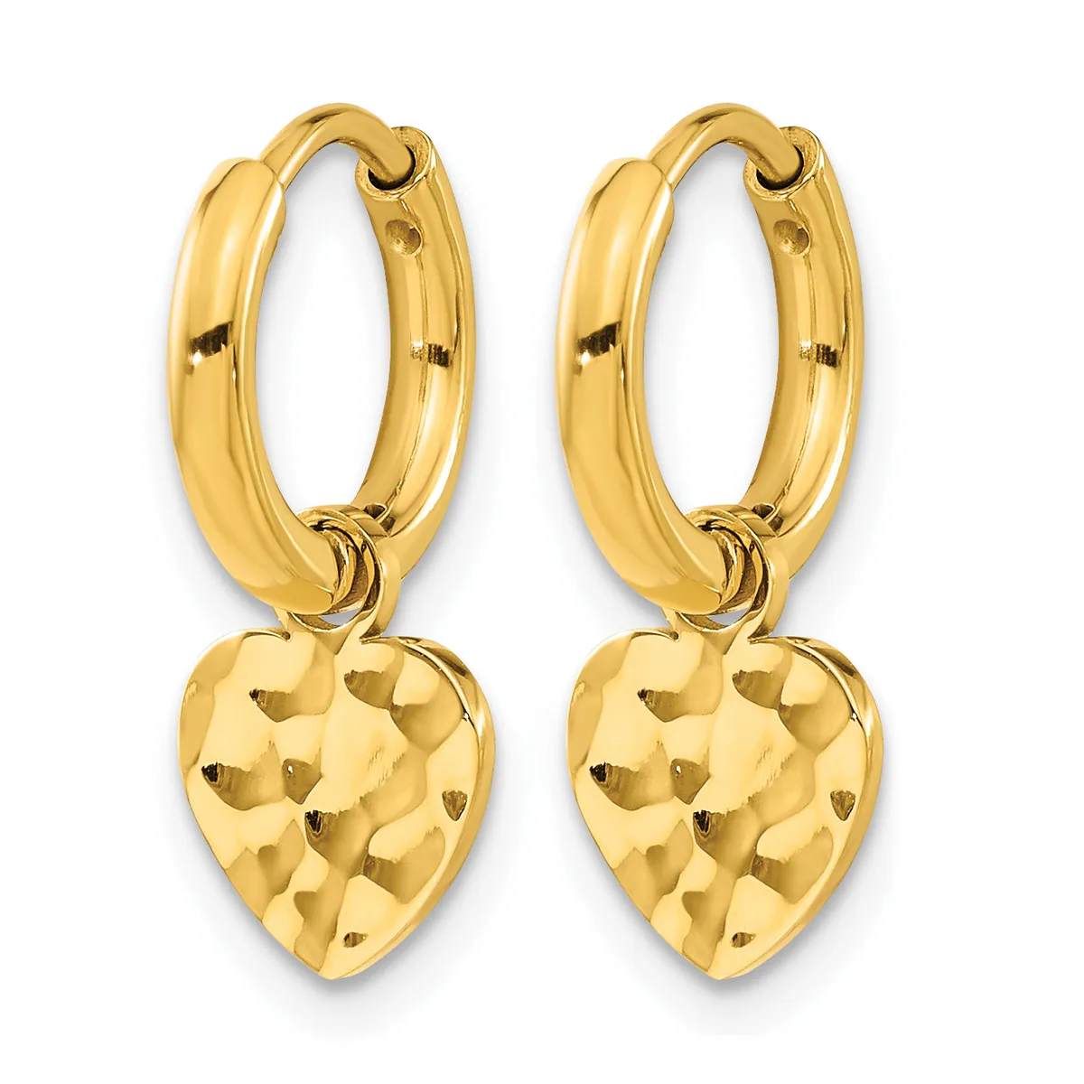Pair of gold-toned hoop earrings with textured heart-shaped charms hanging from smooth oval hoops.
