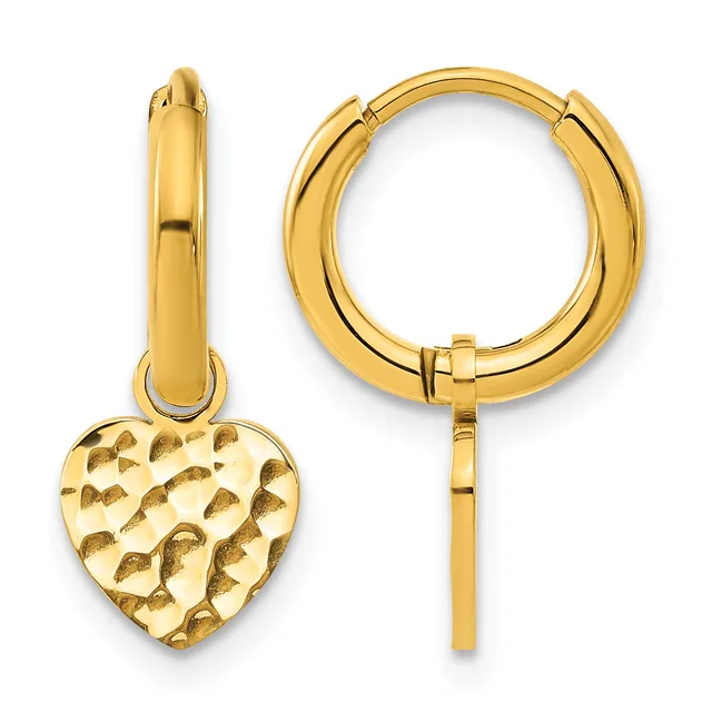 Gold hoop earrings with textured heart-shaped charms attached, shown from front and side views.