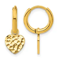 Gold hoop earrings with textured heart-shaped charms attached, shown from front and side views.