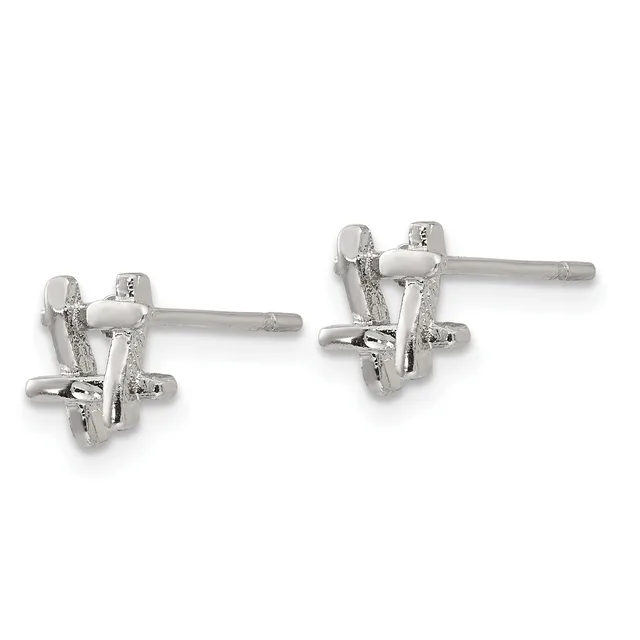 A pair of silver stud earrings with textured and polished finish, shown from front and back views, featuring small posts and backs.