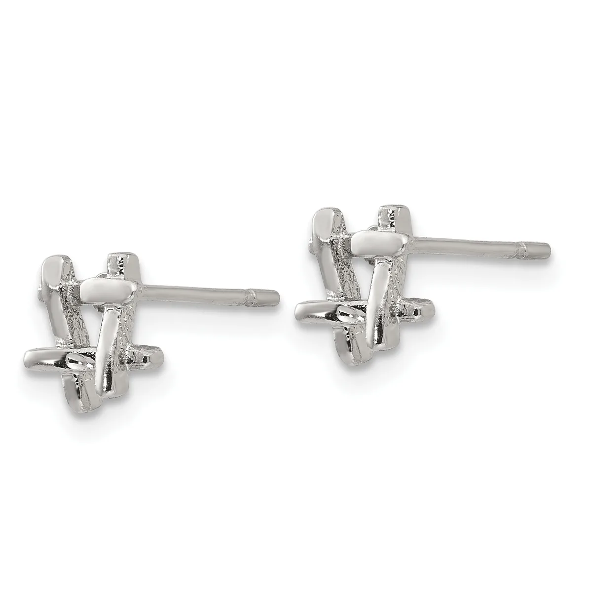 A pair of silver stud earrings with textured and polished finish, shown from front and back views, featuring small posts and backs.