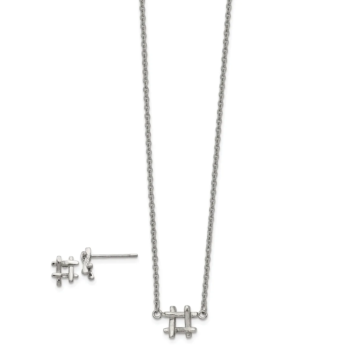 Silver-toned puzzle piece necklace and matching stud earrings displayed on a white background.