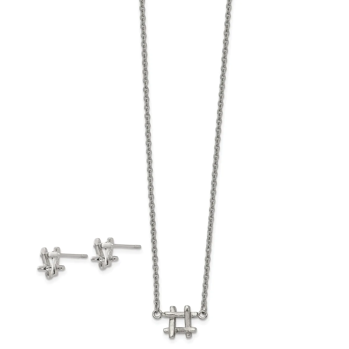 Sterling silver jewelry set consisting of a pair of stud earrings and a matching pendant necklace with geometric crosshatch design on a cable chain.