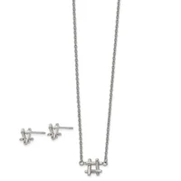 Sterling silver jewelry set consisting of a pair of stud earrings and a matching pendant necklace with geometric crosshatch design on a cable chain.