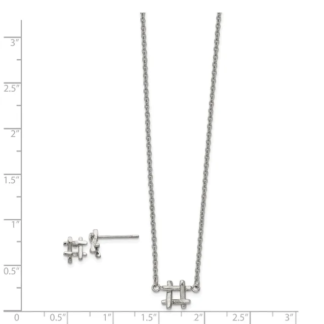 Silver hashtag-shaped stud earrings and matching pendant necklace with chain, displayed on a measurement scale.