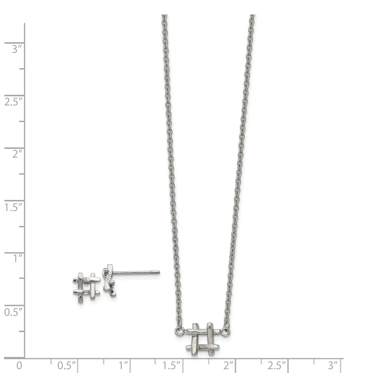 Silver hashtag-shaped stud earrings and matching pendant necklace with chain, displayed on a measurement scale.