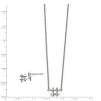 Silver hashtag-shaped stud earrings and matching pendant necklace with chain, displayed on a measurement scale.