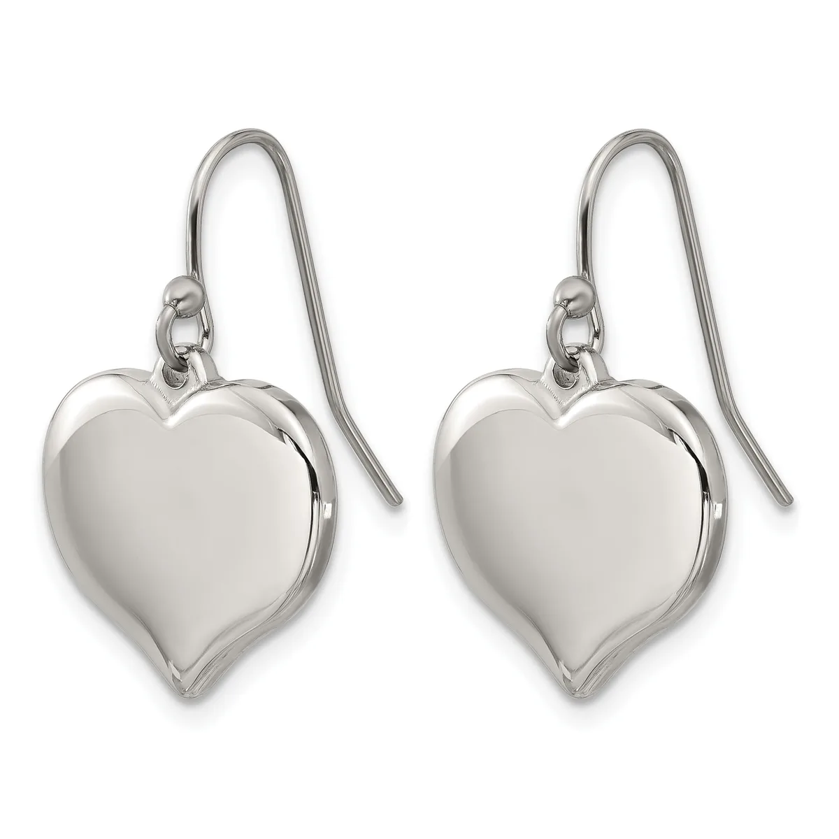 A pair of polished silver heart-shaped drop earrings with curved fish hook wires against a white background.