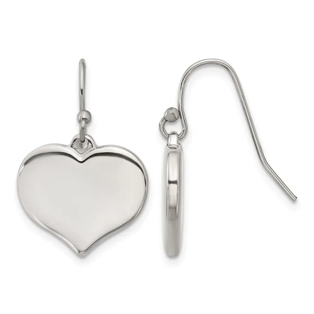 A pair of polished silver heart-shaped drop earrings with fish hook ear wires, shown from front and side views.