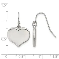Pair of sterling silver heart-shaped dangle earrings with French wire hooks, shown against a measurement scale indicating approximately one inch in length.