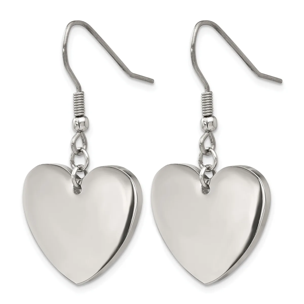 A pair of silver-toned heart-shaped dangle earrings with fishhook ear wires and chain attachments.