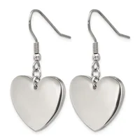 A pair of silver-toned heart-shaped dangle earrings with fishhook ear wires and chain attachments.