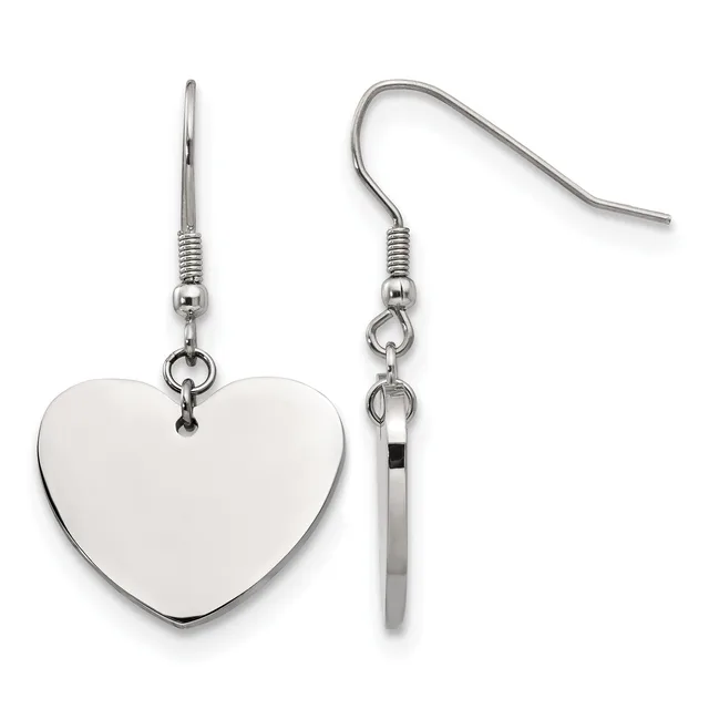 A pair of silver-toned heart-shaped dangle earrings with fish hook ear wires, shown from front and side views.